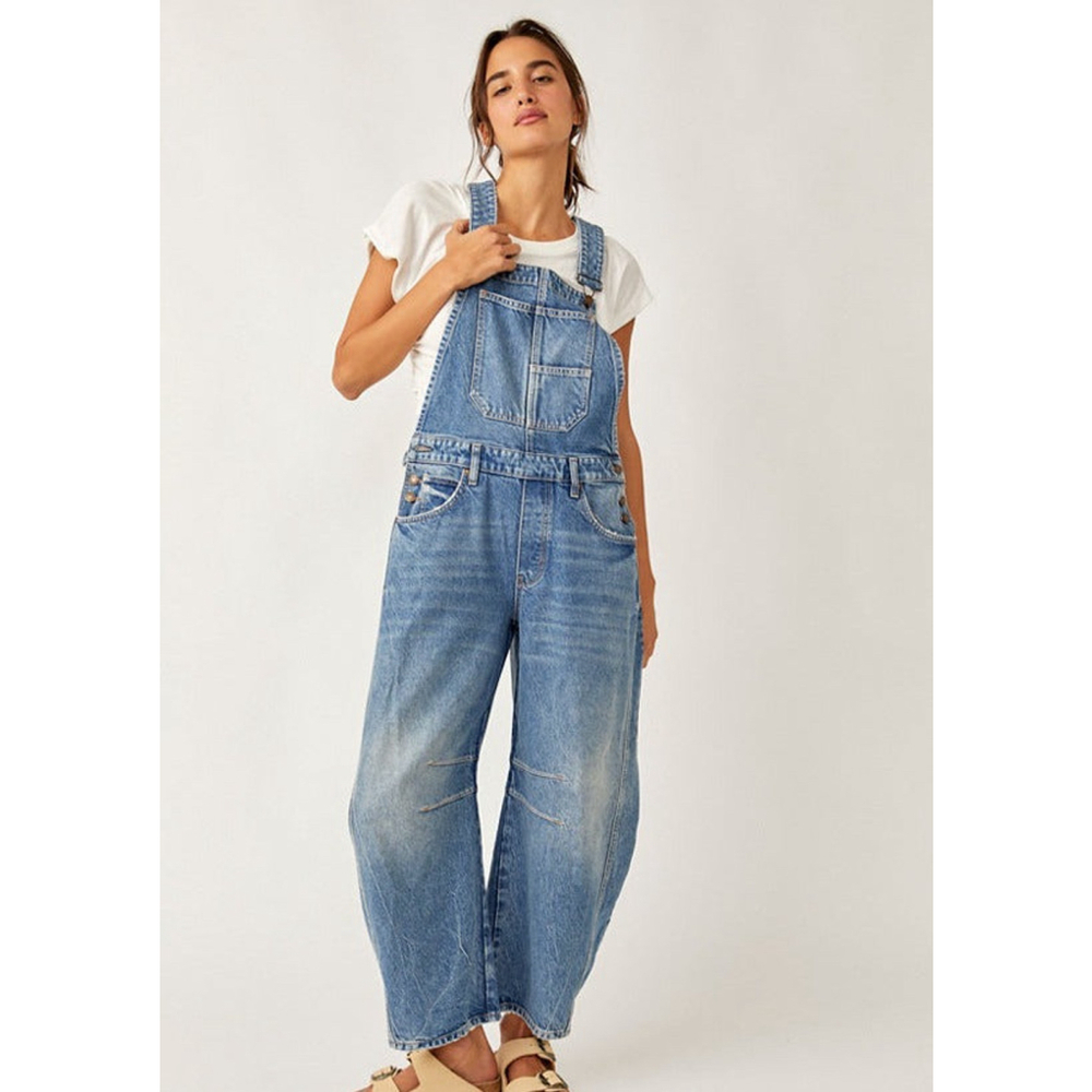 Women's We The Free Lucky You Barrel Leg Denim Overalls Size M Blue